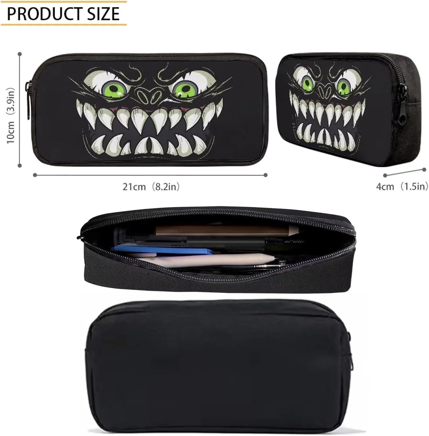 Howilath Black Monster Fangs 3 in 1 Backpack with Lunch Bag for Boys, 17 Inch Backpack Set for Teen Boys Cool Kids School Shoulder Bags Thermal Lunch Box and Pencil Case
