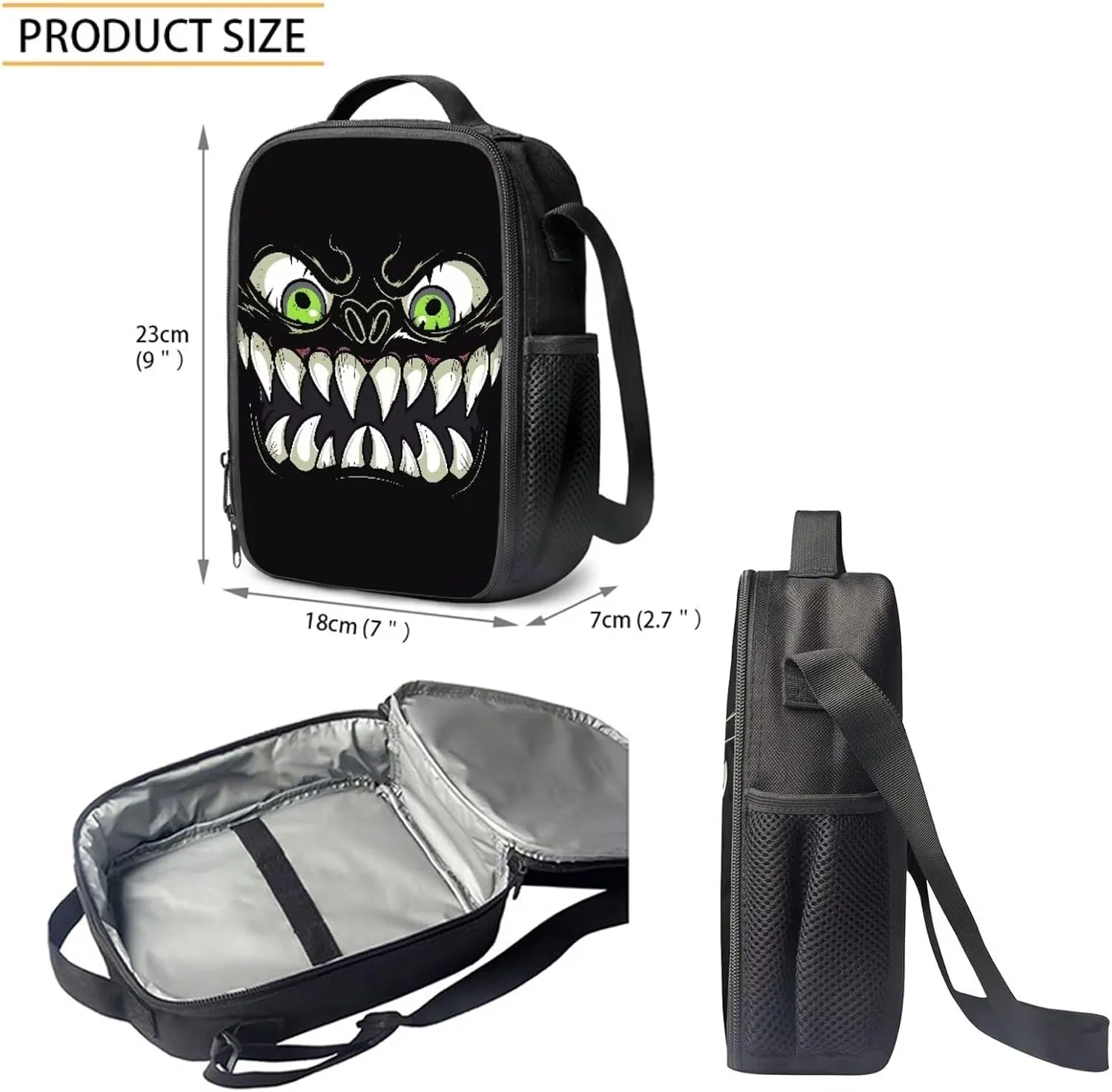 Howilath Black Monster Fangs 3 in 1 Backpack with Lunch Bag for Boys, 17 Inch Backpack Set for Teen Boys Cool Kids School Shoulder Bags Thermal Lunch Box and Pencil Case