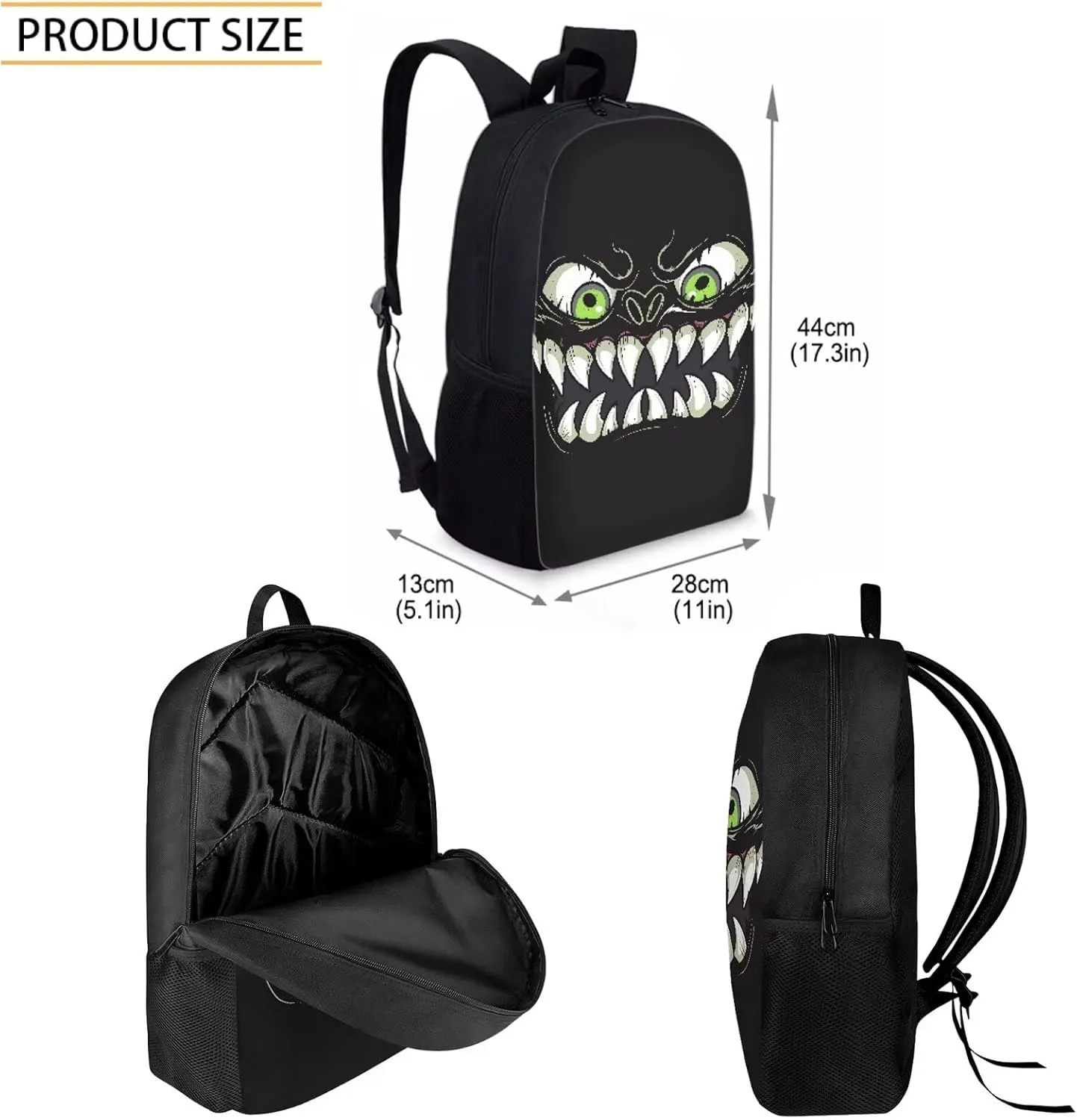 Howilath Black Monster Fangs 3 in 1 Backpack with Lunch Bag for Boys, 17 Inch Backpack Set for Teen Boys Cool Kids School Shoulder Bags Thermal Lunch Box and Pencil Case