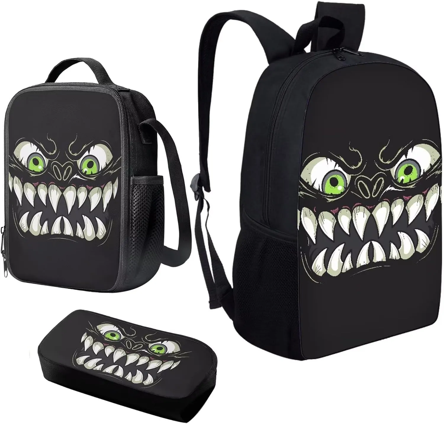 Howilath Black Monster Fangs 3 in 1 Backpack with Lunch Bag for Boys, 17 Inch Backpack Set for Teen Boys Cool Kids School Shoulder Bags Thermal Lunch Box and Pencil Case