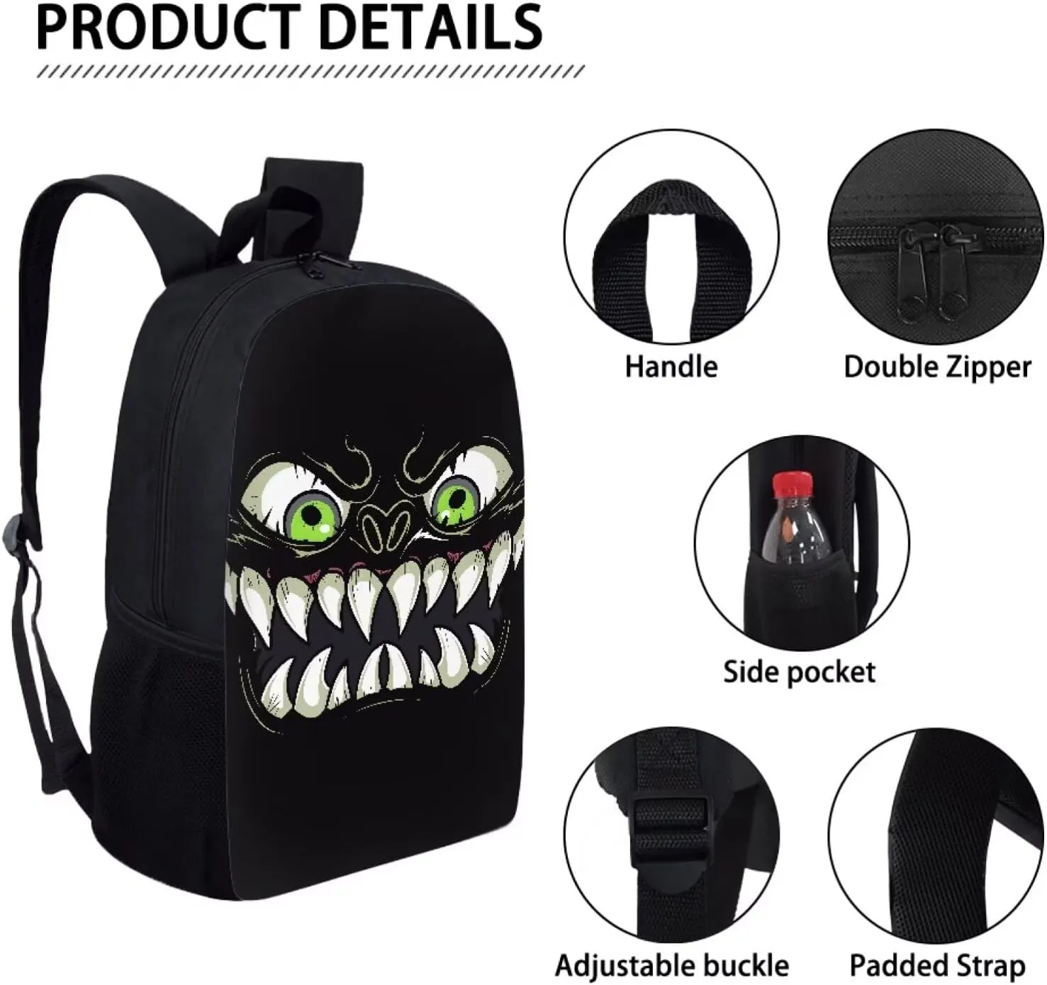 Howilath Black Monster Fangs 3 in 1 Backpack with Lunch Bag for Boys, 17 Inch Backpack Set for Teen Boys Cool Kids School Shoulder Bags Thermal Lunch Box and Pencil Case
