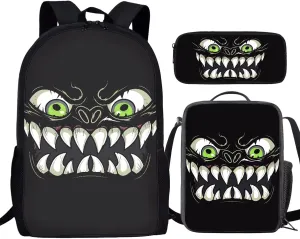 Howilath Black Monster Fangs 3 in 1 Backpack with Lunch Bag for Boys, 17 Inch Backpack Set for Teen Boys Cool Kids School Shoulder Bags Thermal Lunch Box and Pencil Case