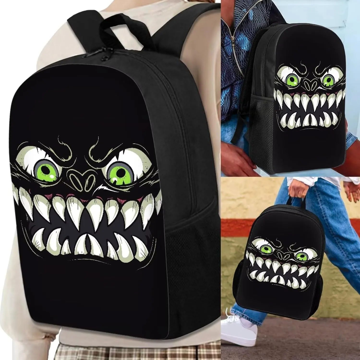 Howilath Black Monster Fangs 3 in 1 Backpack with Lunch Bag for Boys, 17 Inch Backpack Set for Teen Boys Cool Kids School Shoulder Bags Thermal Lunch Box and Pencil Case