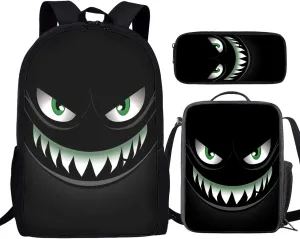 Howilath Black Smiling Devil Pattern Backpack for Teen Boys Lightweight Middle Student Bookbag Backpack With Lunch bag Pencil Bags Student Bookbags 3Pcs