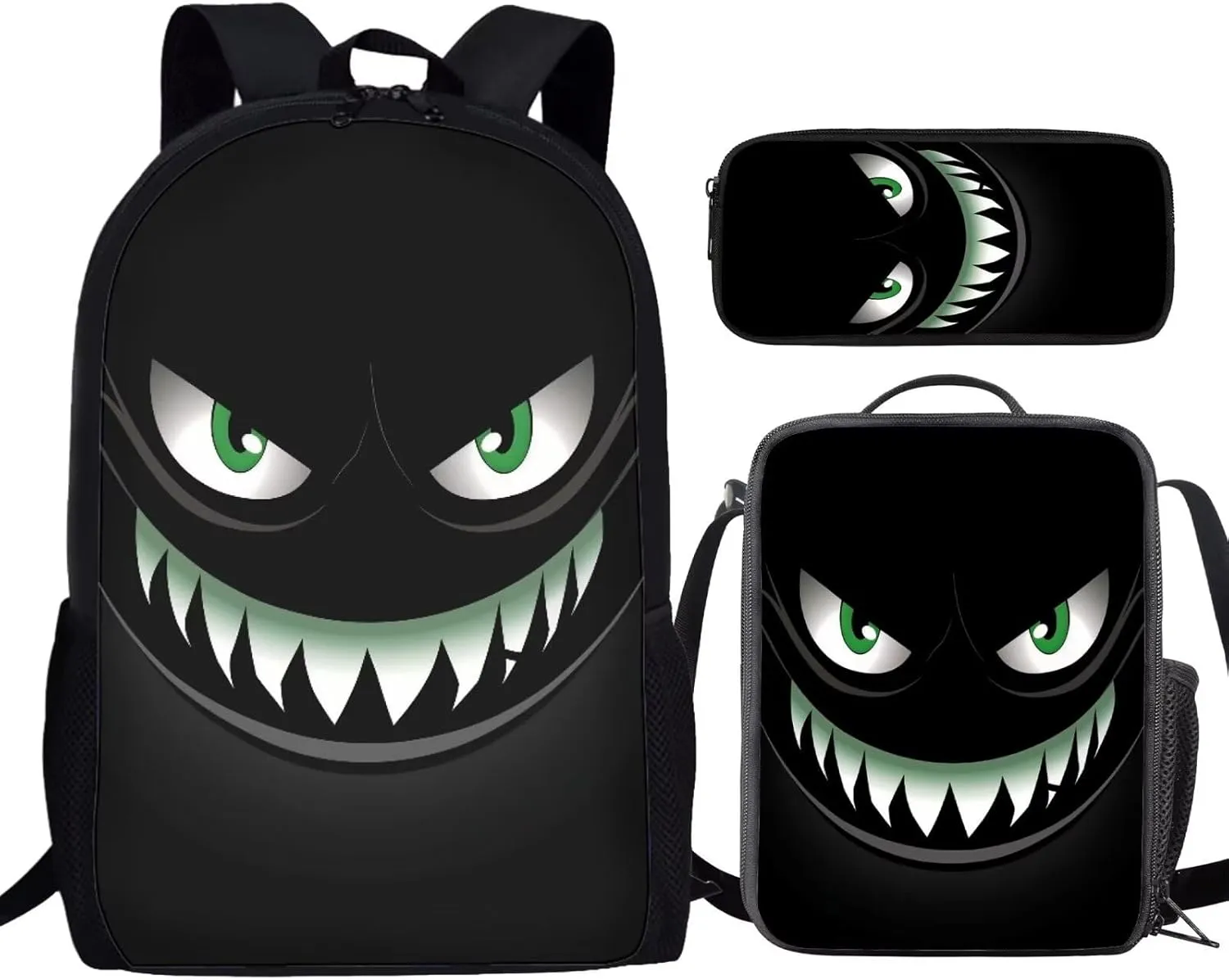 Howilath Black Smiling Devil Pattern Backpack for Teen Boys Lightweight Middle Student Bookbag Backpack With Lunch bag Pencil Bags Student Bookbags 3Pcs