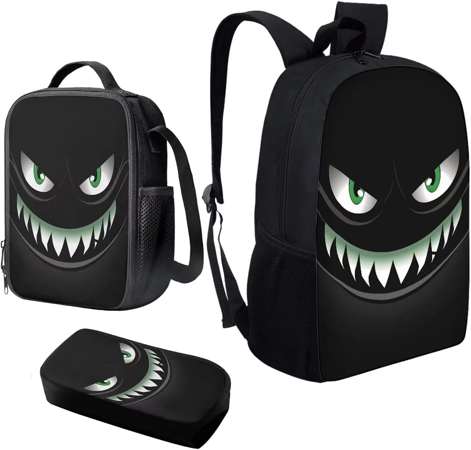 Howilath Black Smiling Devil Pattern Backpack for Teen Boys Lightweight Middle Student Bookbag Backpack With Lunch bag Pencil Bags Student Bookbags 3Pcs