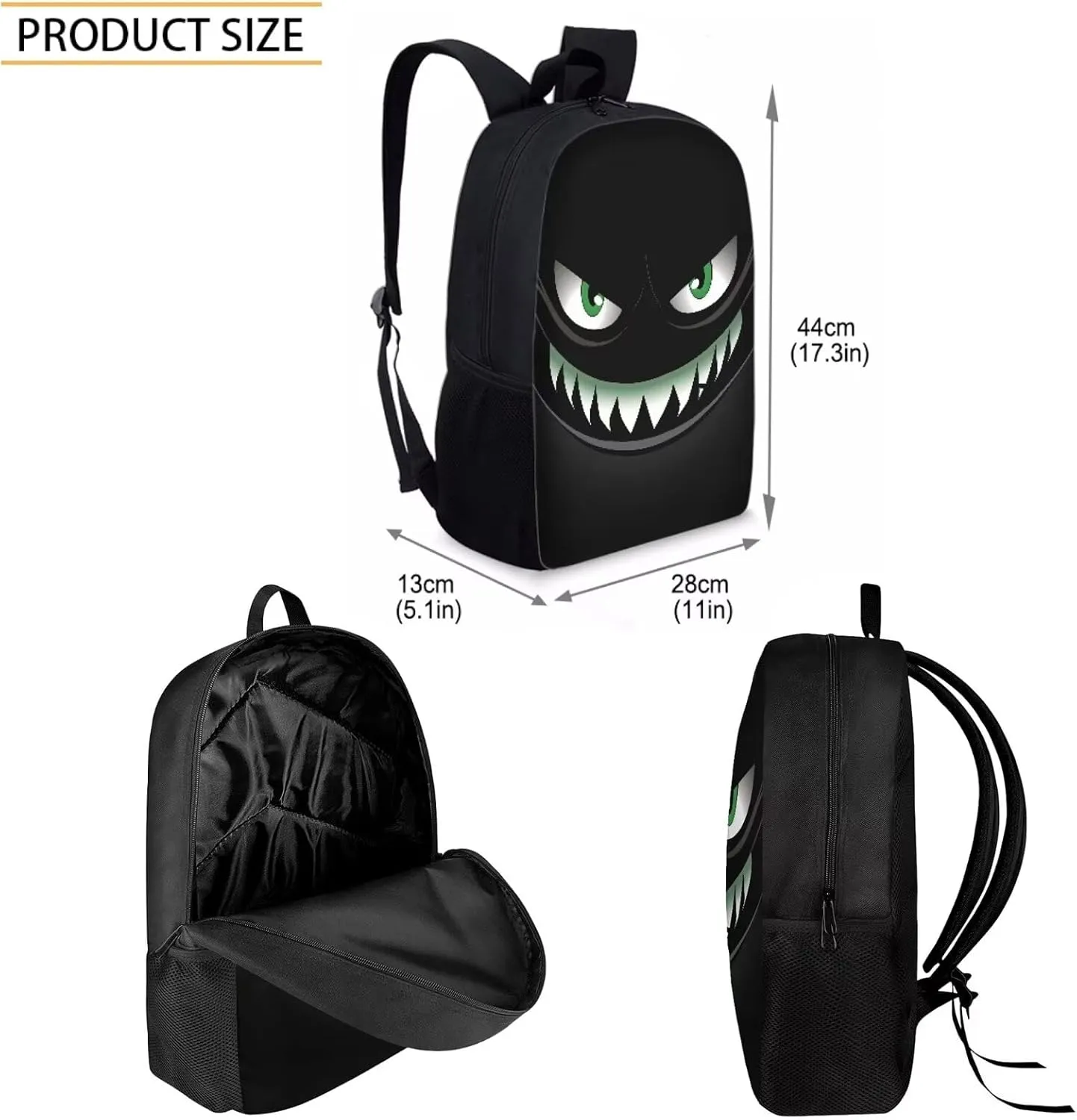 Howilath Black Smiling Devil Pattern Backpack for Teen Boys Lightweight Middle Student Bookbag Backpack With Lunch bag Pencil Bags Student Bookbags 3Pcs