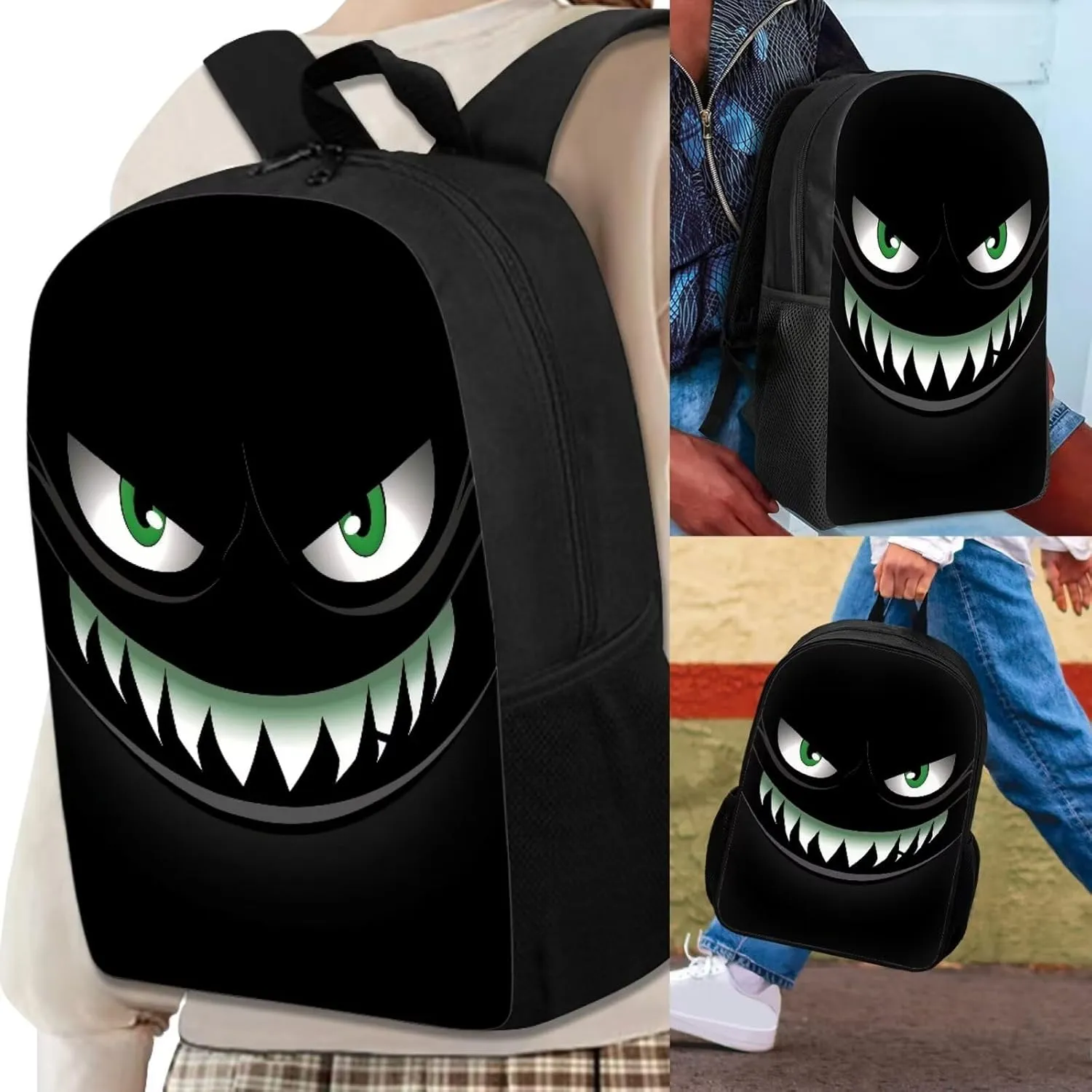 Howilath Black Smiling Devil Pattern Backpack for Teen Boys Lightweight Middle Student Bookbag Backpack With Lunch bag Pencil Bags Student Bookbags 3Pcs