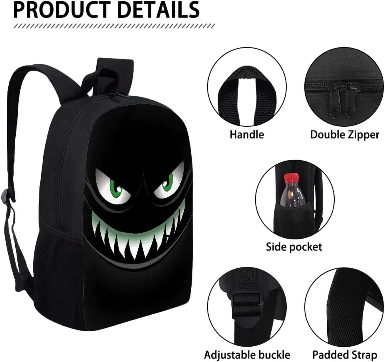 Howilath Black Smiling Devil Pattern Backpack for Teen Boys Lightweight Middle Student Bookbag Backpack With Lunch bag Pencil Bags Student Bookbags 3Pcs