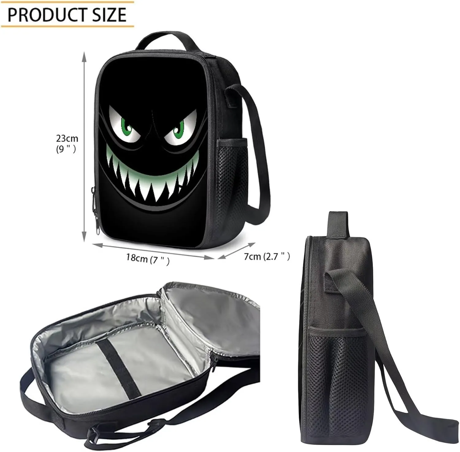 Howilath Black Smiling Devil Pattern Backpack for Teen Boys Lightweight Middle Student Bookbag Backpack With Lunch bag Pencil Bags Student Bookbags 3Pcs