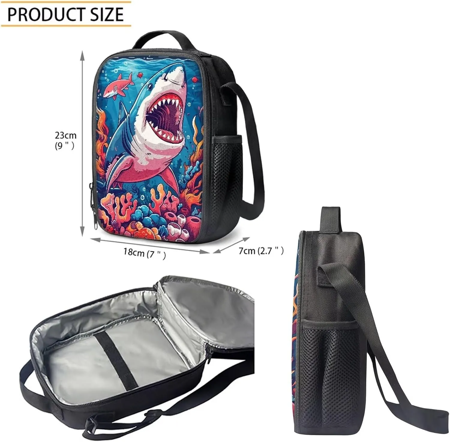 Howilath Cartoon Sea Shark Pattern 17 Inch School Backpack for Boys Kids Bookbag Set Schoolbag with Lunch Box Pencil Case Laptop Daypack