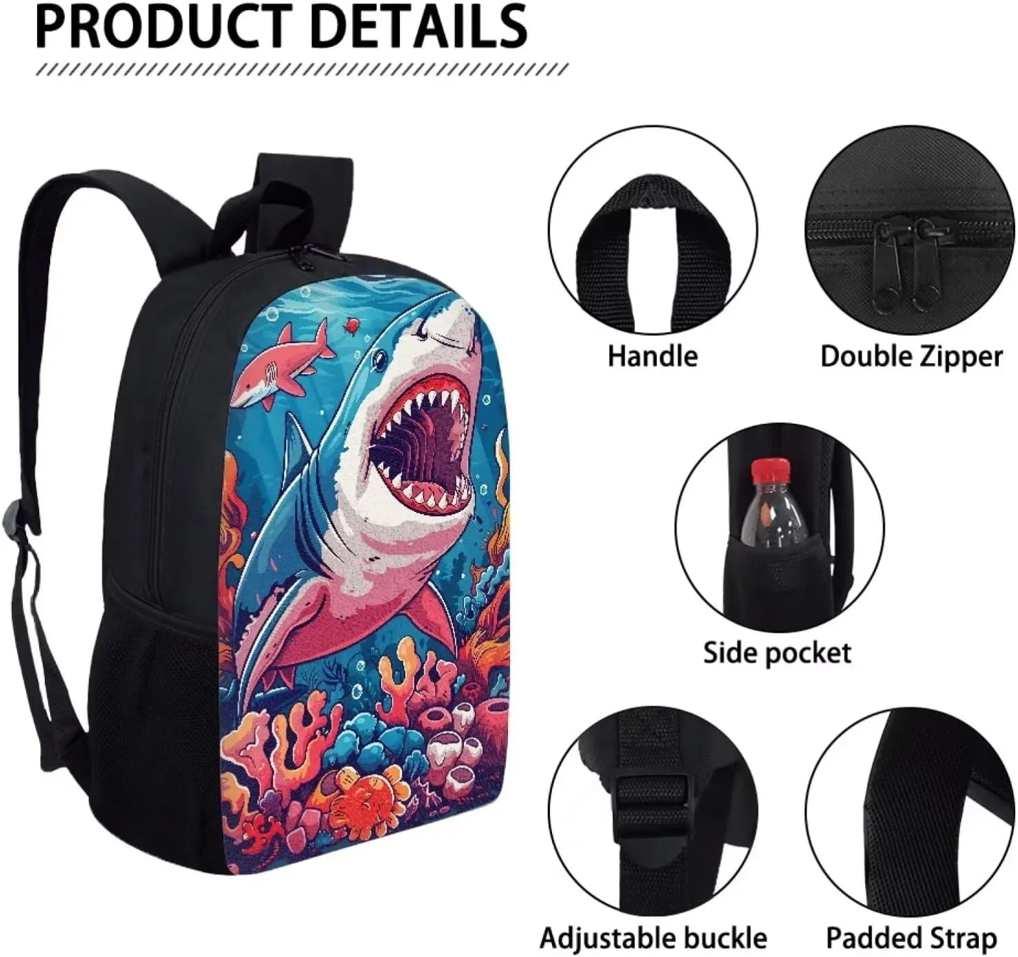 Howilath Cartoon Sea Shark Pattern 17 Inch School Backpack for Boys Kids Bookbag Set Schoolbag with Lunch Box Pencil Case Laptop Daypack