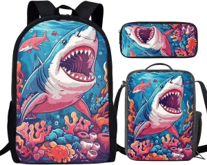 Howilath Cartoon Sea Shark Pattern 17 Inch School Backpack for Boys Kids Bookbag Set Schoolbag with Lunch Box Pencil Case Laptop Daypack