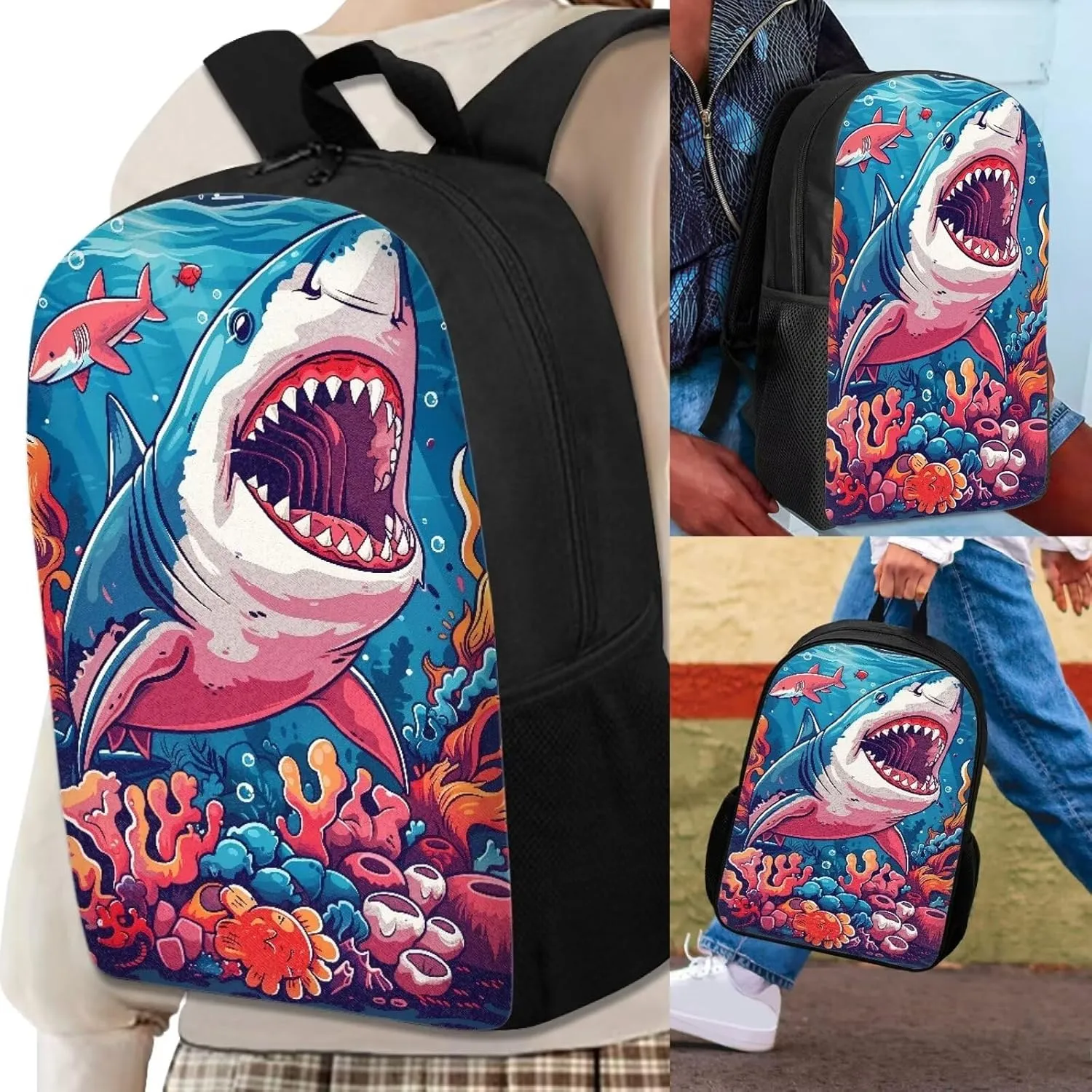 Howilath Cartoon Sea Shark Pattern 17 Inch School Backpack for Boys Kids Bookbag Set Schoolbag with Lunch Box Pencil Case Laptop Daypack