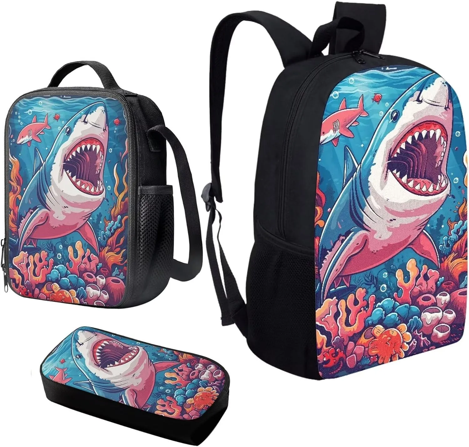 Howilath Cartoon Sea Shark Pattern 17 Inch School Backpack for Boys Kids Bookbag Set Schoolbag with Lunch Box Pencil Case Laptop Daypack