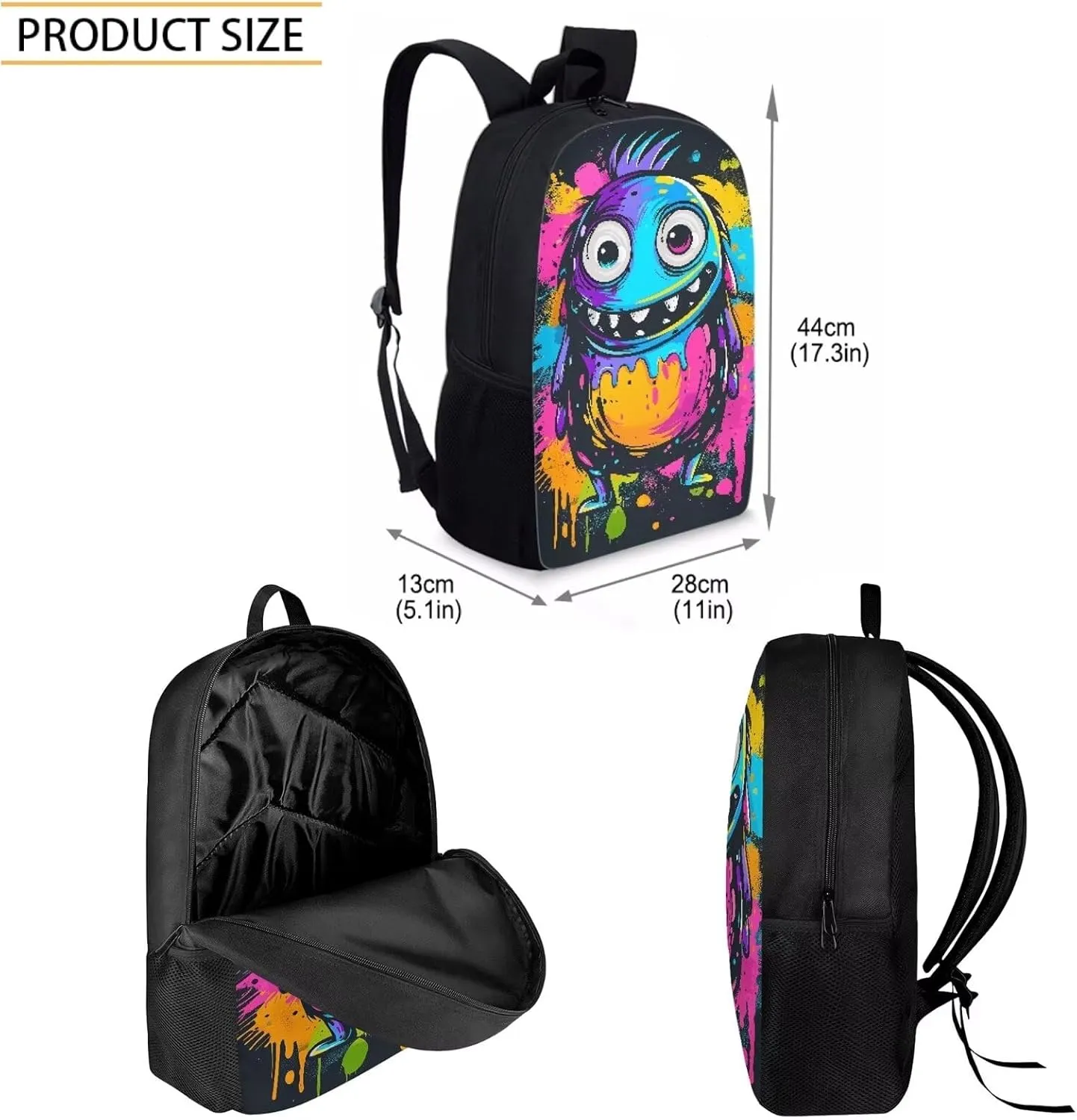 Howilath Doodle Monster Print Backpack with Lunch Bag for Boys School, 17 Inch Teen Funny Backpack Set Boys School Bags Bookbags 3 in 1 Pencial Case With Lunchbox
