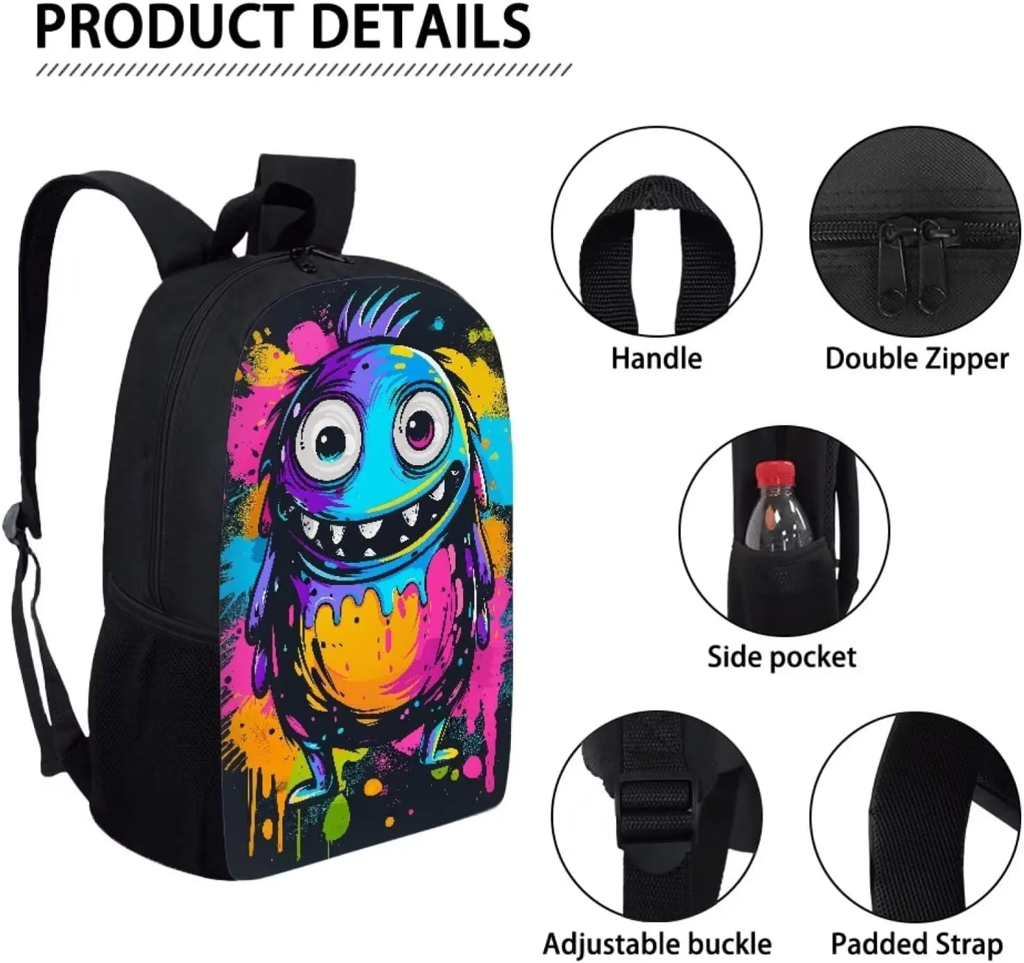 Howilath Doodle Monster Print Backpack with Lunch Bag for Boys School, 17 Inch Teen Funny Backpack Set Boys School Bags Bookbags 3 in 1 Pencial Case With Lunchbox