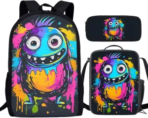Howilath Doodle Monster Print Backpack with Lunch Bag for Boys School, 17 Inch Teen Funny Backpack Set Boys School Bags Bookbags 3 in 1 Pencial Case With Lunchbox