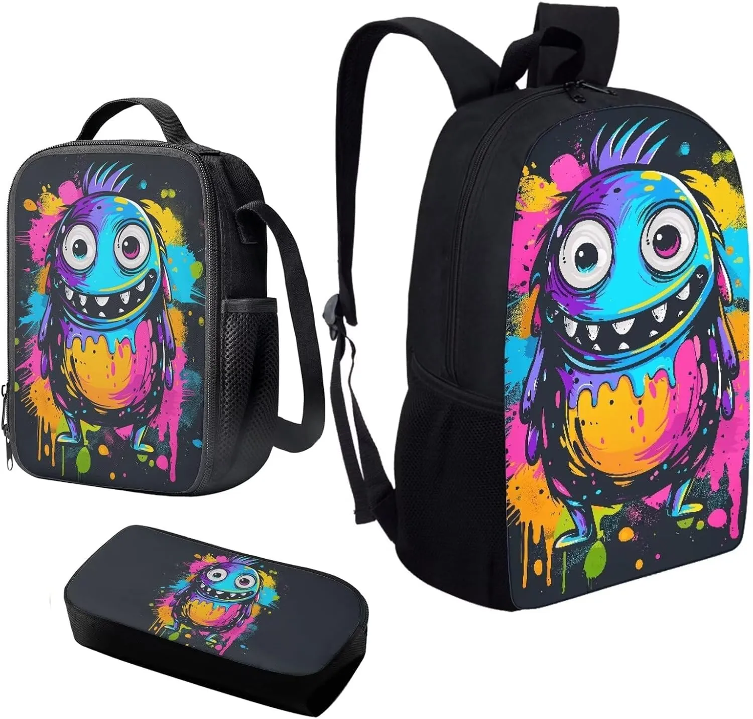 Howilath Doodle Monster Print Backpack with Lunch Bag for Boys School, 17 Inch Teen Funny Backpack Set Boys School Bags Bookbags 3 in 1 Pencial Case With Lunchbox