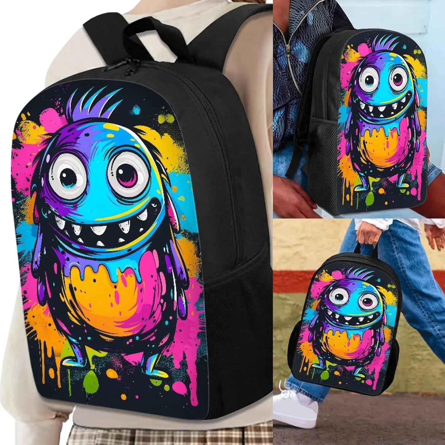 Howilath Doodle Monster Print Backpack with Lunch Bag for Boys School, 17 Inch Teen Funny Backpack Set Boys School Bags Bookbags 3 in 1 Pencial Case With Lunchbox