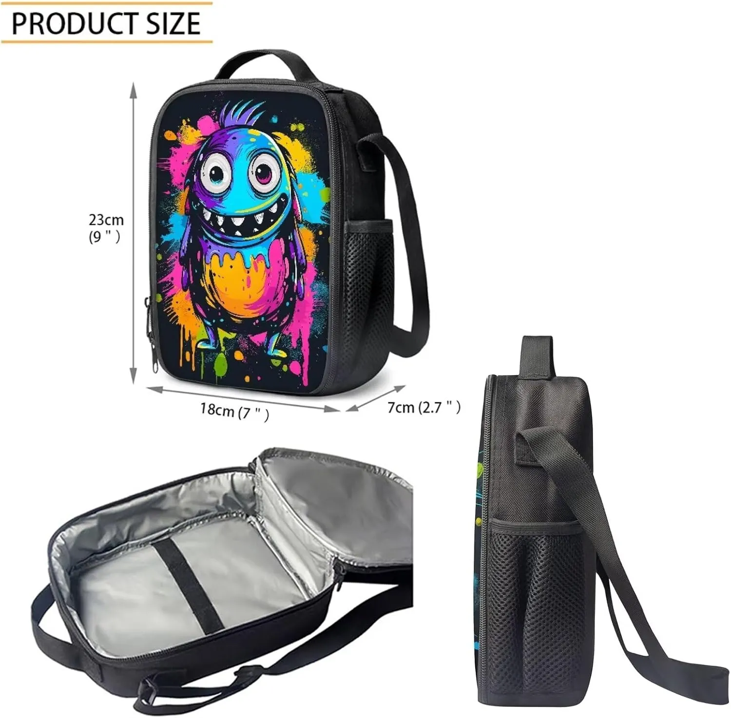 Howilath Doodle Monster Print Backpack with Lunch Bag for Boys School, 17 Inch Teen Funny Backpack Set Boys School Bags Bookbags 3 in 1 Pencial Case With Lunchbox