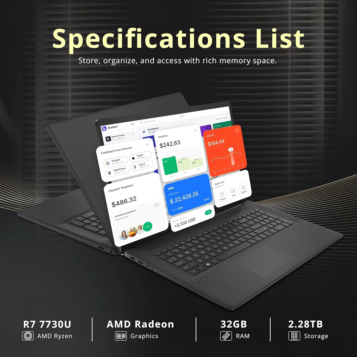 HP 17.3" FHD IPS Anti-Glare Laptop, AMD Ryzen 7 7730U, 32GB RAM, 2.28TB Storage (2TB SSD 288GB Docking Station Set), AMD Radeon Graphics, Num Pad, Wi-Fi 6, Fast Charge, Win 11 Pro, Black