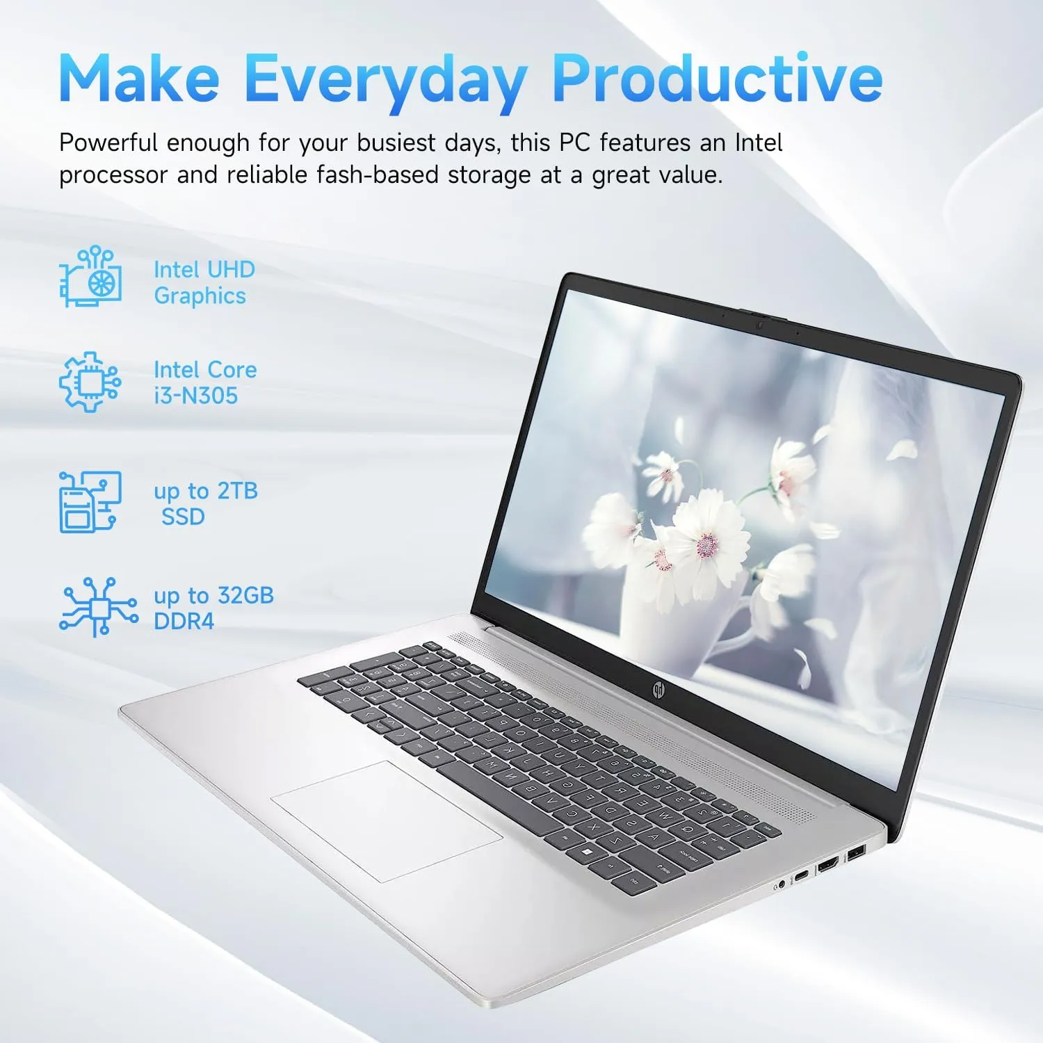 HP 17.3" Touchscreen Laptop, Intel Core i3-N305, 32GB RAM, 128GB eMMC   1TB SSD, Numeric Keypad, Webcam, HDMI, Wi-Fi 6, Windows 11 Pro, Silver