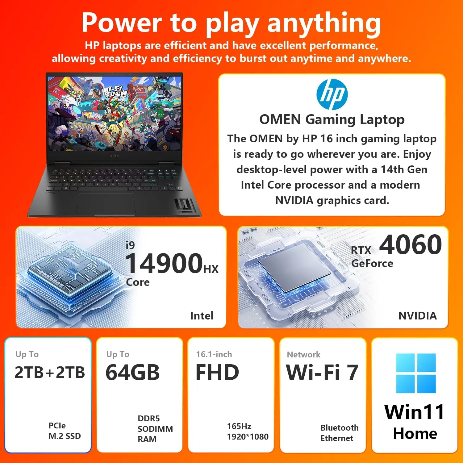 HP OMEN VR-Ready Gaming Laptop, 16.1" FHD 165Hz IPS Display, Intel i9-14900HX, NVIDIA GeForce RTX 4060, 64GB DDR5, 2TB 2TB SSD, RGB Backlit, Wi-Fi 7, Bundle with PCO Notebook Folding Radiator, Cooler
