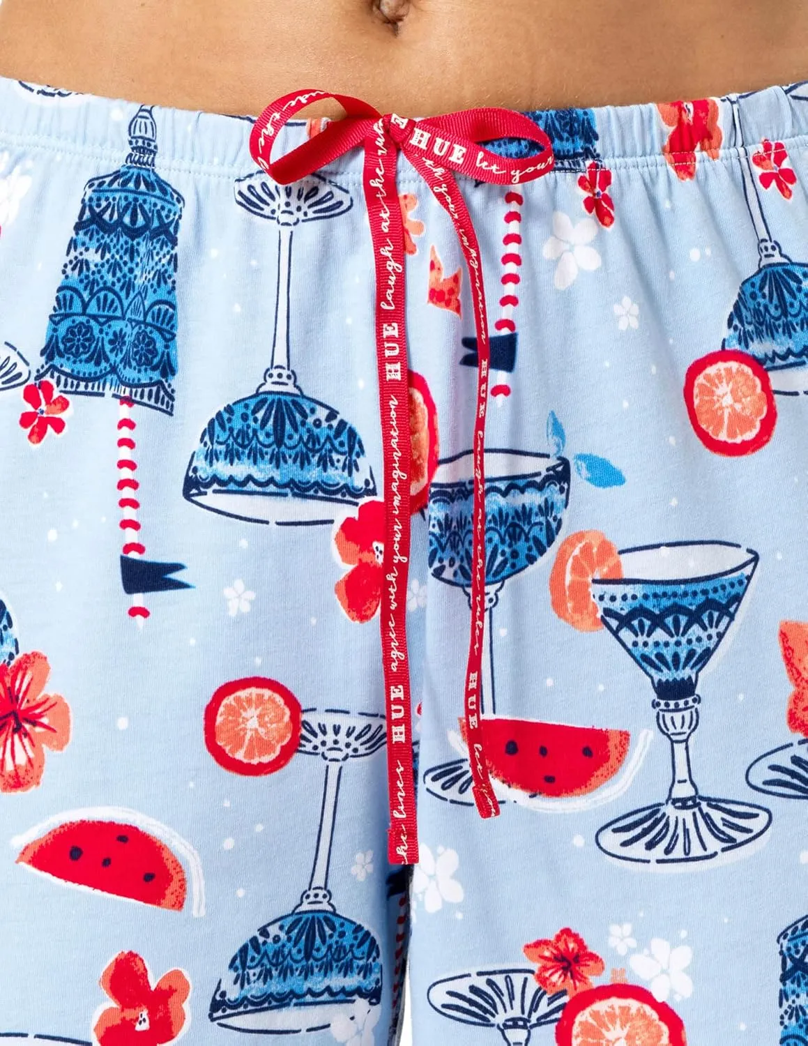 HUE Women’s Summer Vacation Pajama Separates, Soft, Whimsical Print PJs with Tropical Beach Themes, Flip Flops, Cocktails