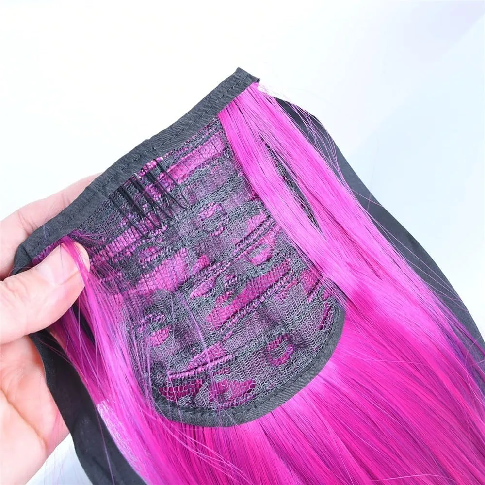 Human Hair Ponytail, Synthetic Ponytails Rainbow Colorful Hair Extension Ribbon Drawstring Straight Ponytail Cosplay Hairpiece Pony Tails Hair Extensions(Brown Gradient Bright red)