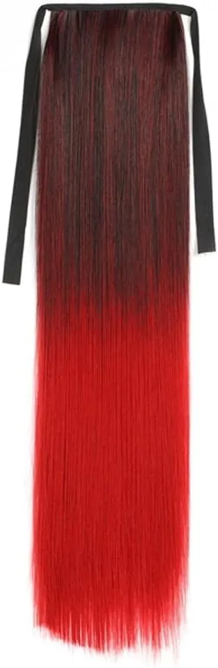 Human Hair Ponytail, Synthetic Ponytails Rainbow Colorful Hair Extension Ribbon Drawstring Straight Ponytail Cosplay Hairpiece Pony Tails Hair Extensions(Brown Gradient Bright red)