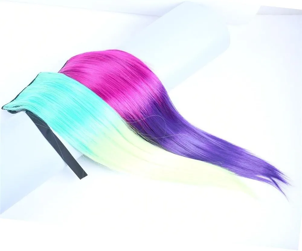Human Hair Ponytail, Synthetic Ponytails Rainbow Colorful Hair Extension Ribbon Drawstring Straight Ponytail Cosplay Hairpiece Pony Tails Hair Extensions(Brown Gradient Bright red)