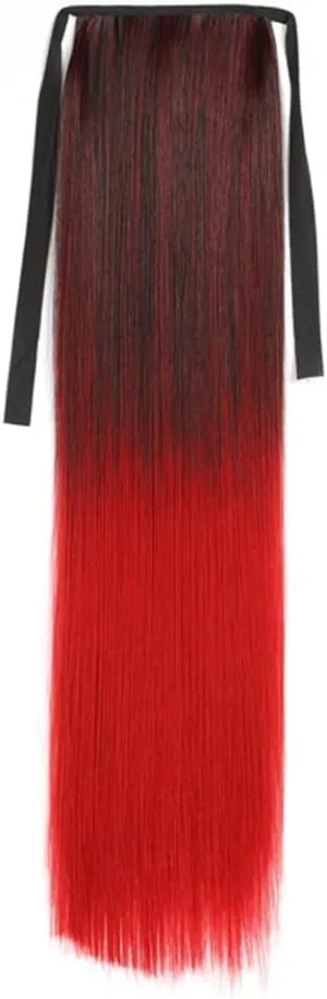 Human Hair Ponytail, Synthetic Ponytails Rainbow Colorful Hair Extension Ribbon Drawstring Straight Ponytail Cosplay Hairpiece Pony Tails Hair Extensions(Brown Gradient Bright red)