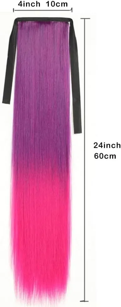 Human Hair Ponytail, Synthetic Ponytails Rainbow Colorful Hair Extension Ribbon Drawstring Straight Ponytail Cosplay Hairpiece Pony Tails Hair Extensions(Brown Gradient Bright red)