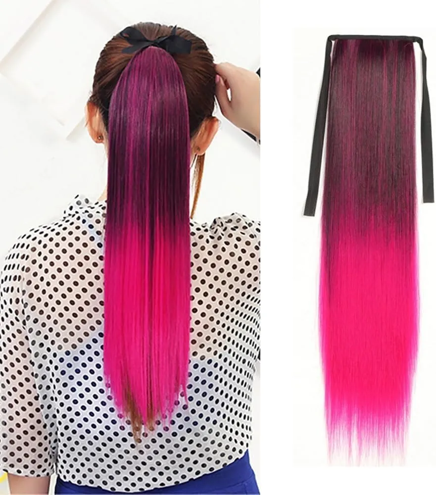 Human Hair Ponytail, Synthetic Ponytails Rainbow Colorful Hair Extension Ribbon Drawstring Straight Ponytail Cosplay Hairpiece Pony Tails Hair Extensions(Brown Gradient Bright red)