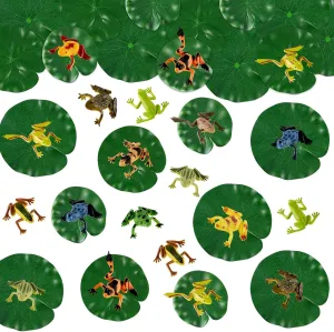 Hungdao 72 Pieces Mini Plastic Frog Toys and Artificial Lily Pads, Include Colorful Realistic Frogs Rainforest Animals Figures Character Toys and Floating Foam Leaves for Pool Decor Party Favor
