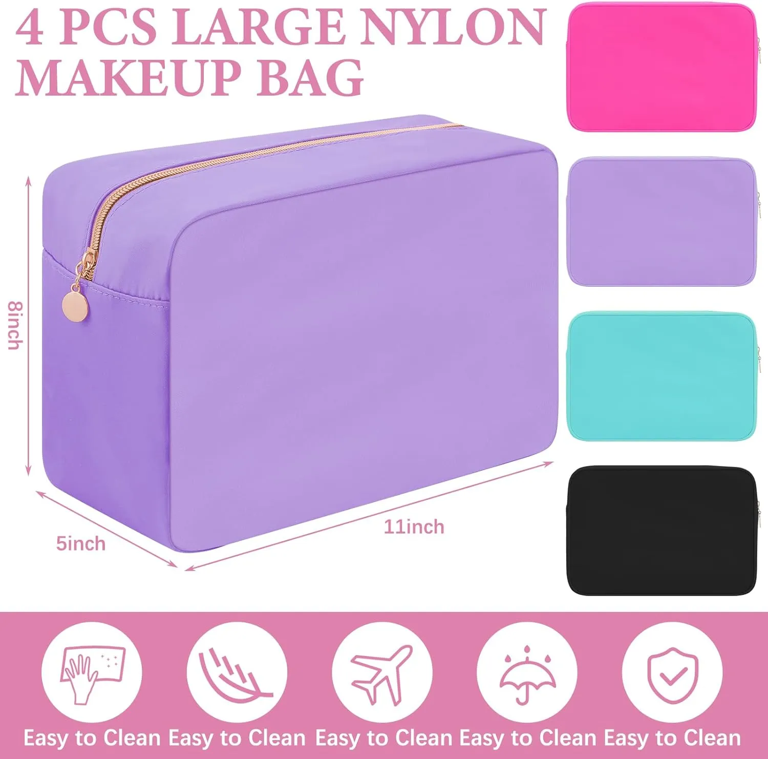 Hushee 4 Pcs Nylon Makeup Bag Preppy Zipper Pouch Waterproof Nylon Toiletry Storage Bag for Women(Large,Black, Fuchsia, Mint, Grape)