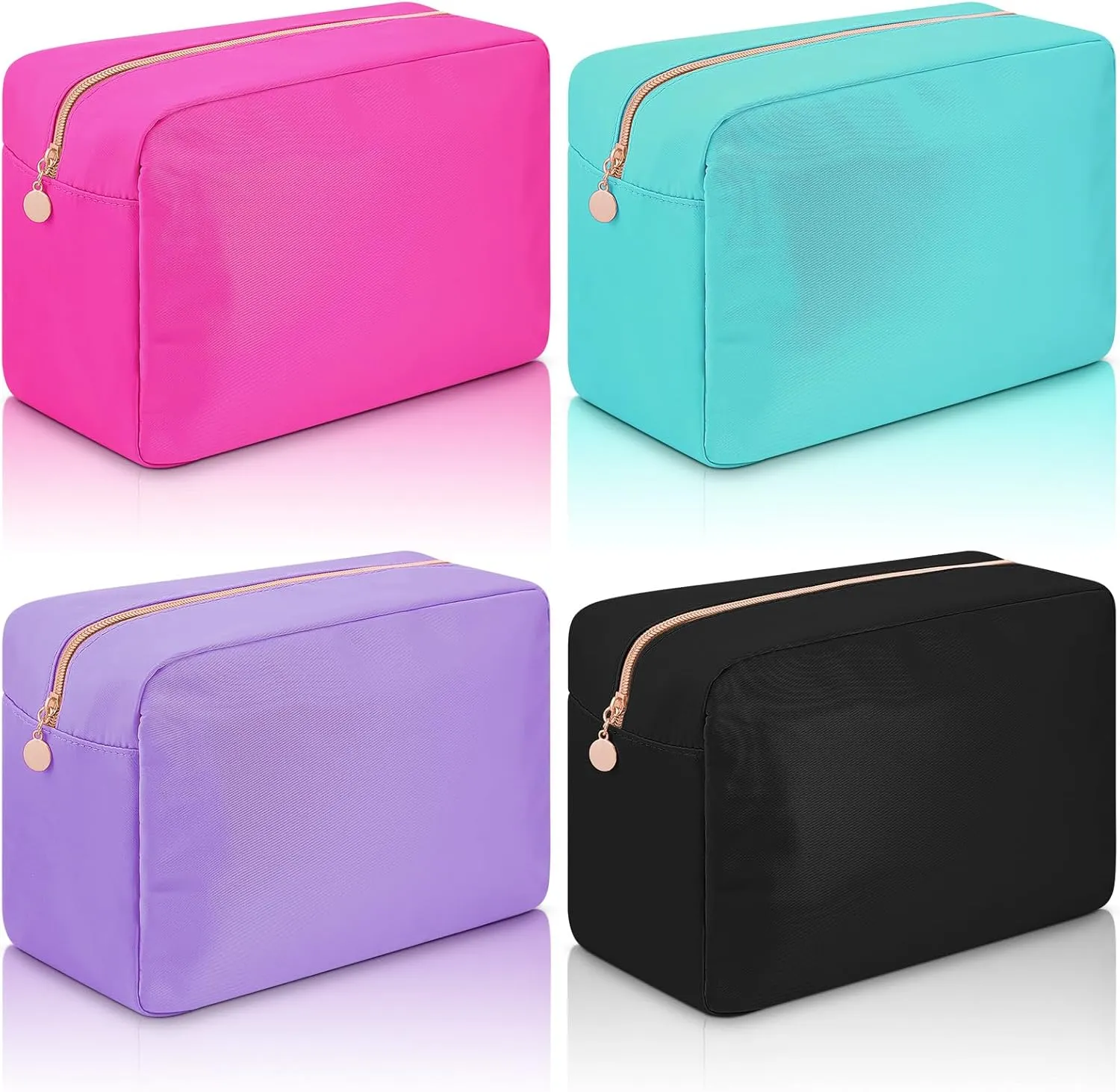 Hushee 4 Pcs Nylon Makeup Bag Preppy Zipper Pouch Waterproof Nylon Toiletry Storage Bag for Women(Large,Black, Fuchsia, Mint, Grape)