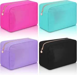 Hushee 4 Pcs Nylon Makeup Bag Preppy Zipper Pouch Waterproof Nylon Toiletry Storage Bag for Women(Large,Black, Fuchsia, Mint, Grape)