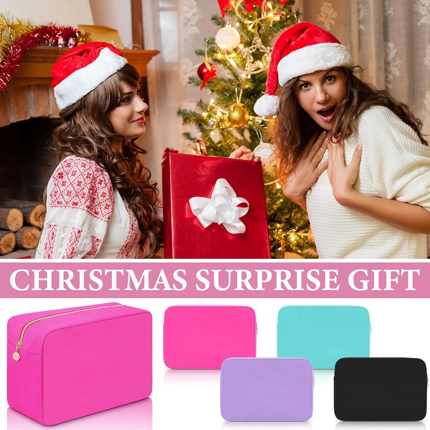 Hushee 4 Pcs Nylon Makeup Bag Preppy Zipper Pouch Waterproof Nylon Toiletry Storage Bag for Women(Large,Black, Fuchsia, Mint, Grape)