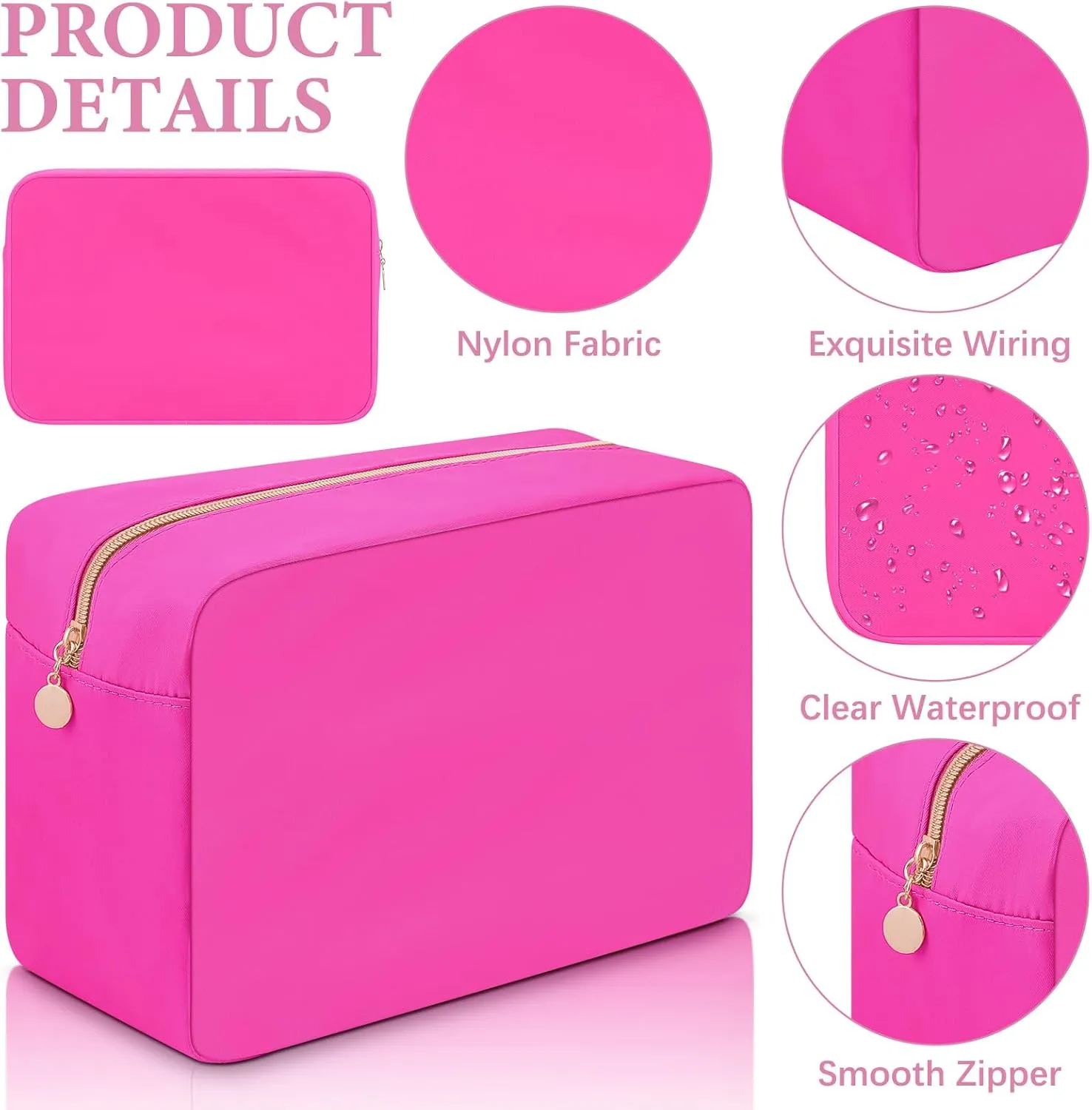 Hushee 4 Pcs Nylon Makeup Bag Preppy Zipper Pouch Waterproof Nylon Toiletry Storage Bag for Women(Large,Black, Fuchsia, Mint, Grape)