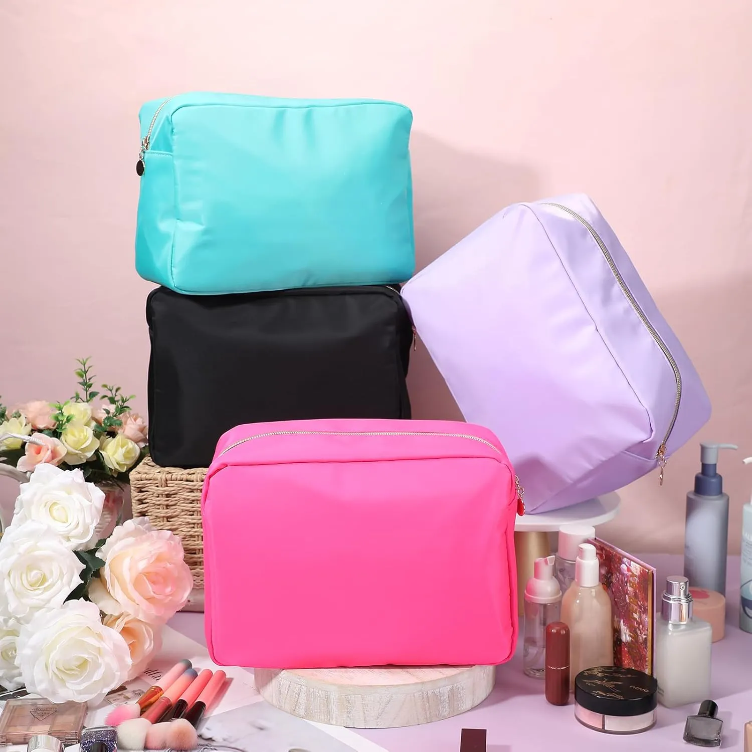 Hushee 4 Pcs Nylon Makeup Bag Preppy Zipper Pouch Waterproof Nylon Toiletry Storage Bag for Women(Large,Black, Fuchsia, Mint, Grape)