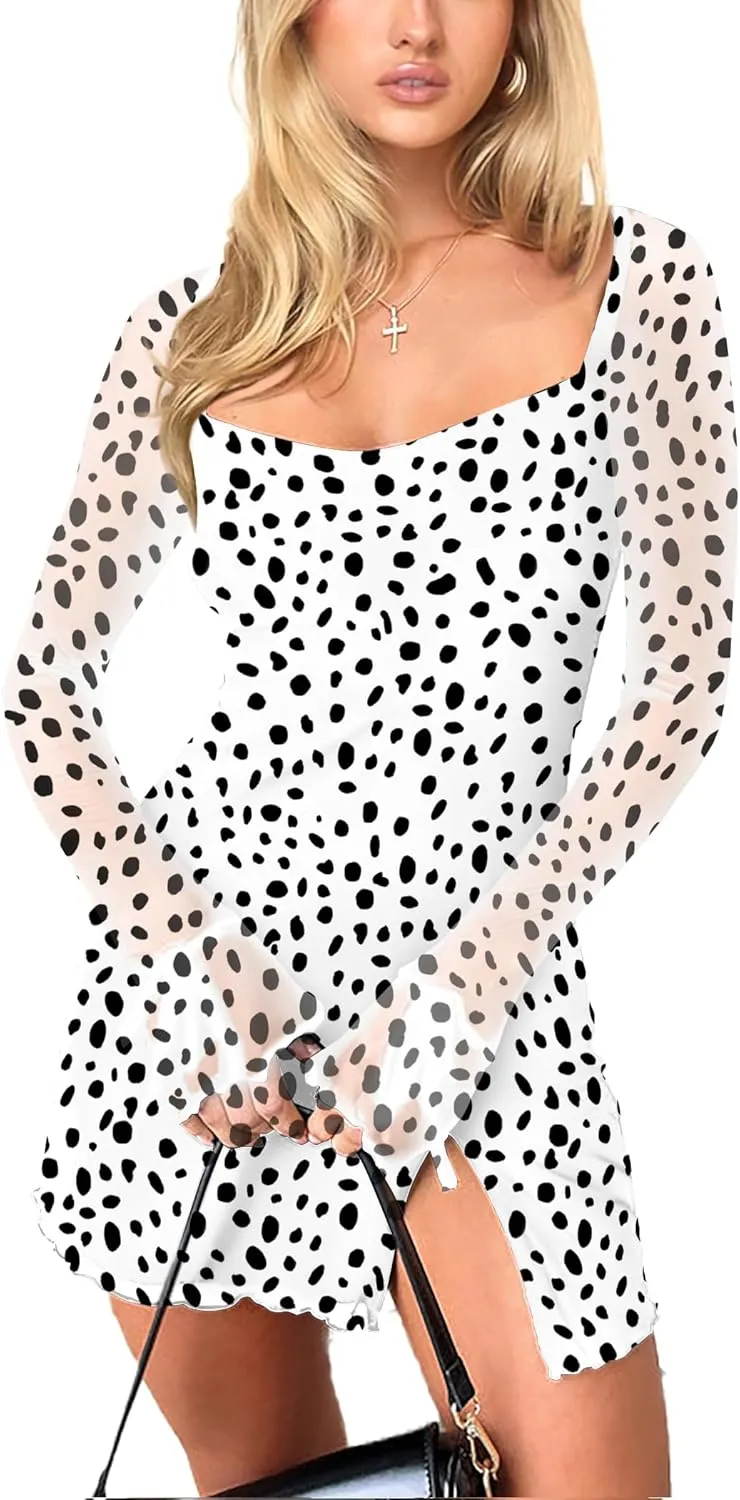 HYPERFIRE Women's Mesh Long Sleeve Square Neck Split Hem Party Club Cocktail Bodycon Mini Dress