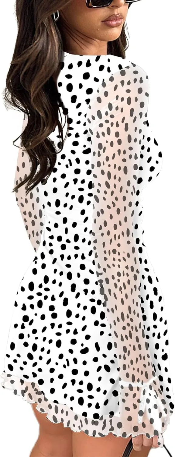 HYPERFIRE Women's Mesh Long Sleeve Square Neck Split Hem Party Club Cocktail Bodycon Mini Dress