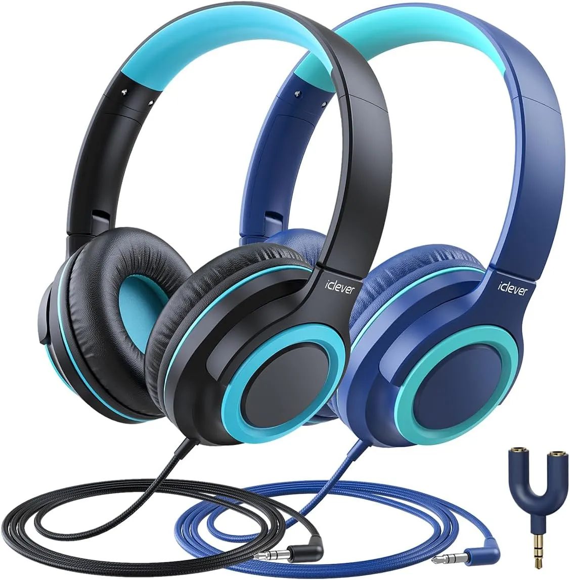 iClever 2Pack Kids Headphones with Sharing Splitter - 85dBA Safe Volume Limited - HS22 Wired Headphones for Kids Teens, Tangle-Free 3.5mm Jack Foldable Stereo Headphone for School/Tablet/Travel