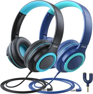 iClever 2Pack Kids Headphones with Sharing Splitter - 85dBA Safe Volume Limited - HS22 Wired Headphones for Kids Teens, Tangle-Free 3.5mm Jack Foldable Stereo Headphone for School/Tablet/Travel
