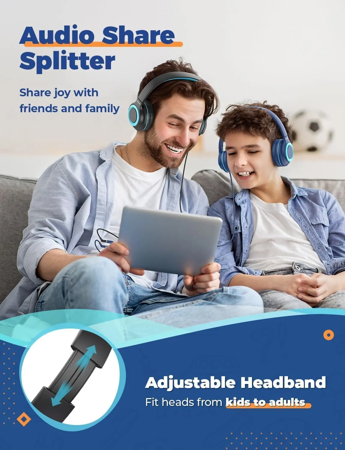 iClever 2Pack Kids Headphones with Sharing Splitter - 85dBA Safe Volume Limited - HS22 Wired Headphones for Kids Teens, Tangle-Free 3.5mm Jack Foldable Stereo Headphone for School/Tablet/Travel