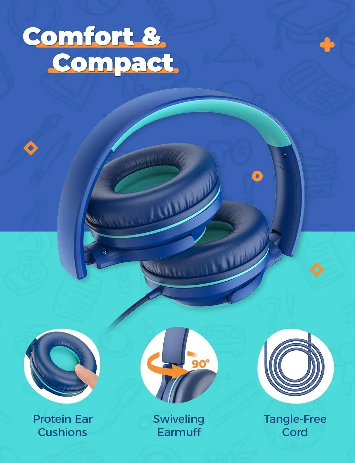 iClever 2Pack Kids Headphones with Sharing Splitter - 85dBA Safe Volume Limited - HS22 Wired Headphones for Kids Teens, Tangle-Free 3.5mm Jack Foldable Stereo Headphone for School/Tablet/Travel
