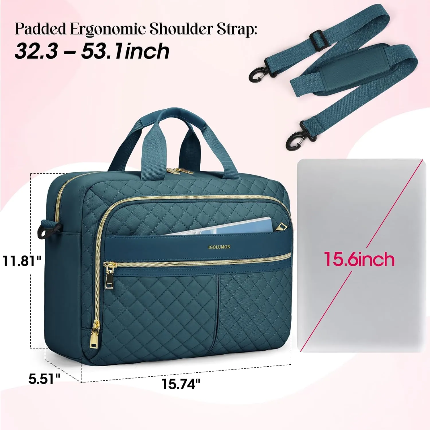 IGOLUMON Laptop Bag 15.6 Inch Laptop Briefcase for Women Men Waterproof Shoulder Computer Messenger Bag Large Laptop Bag Business Office Work Travel College, Dark Green