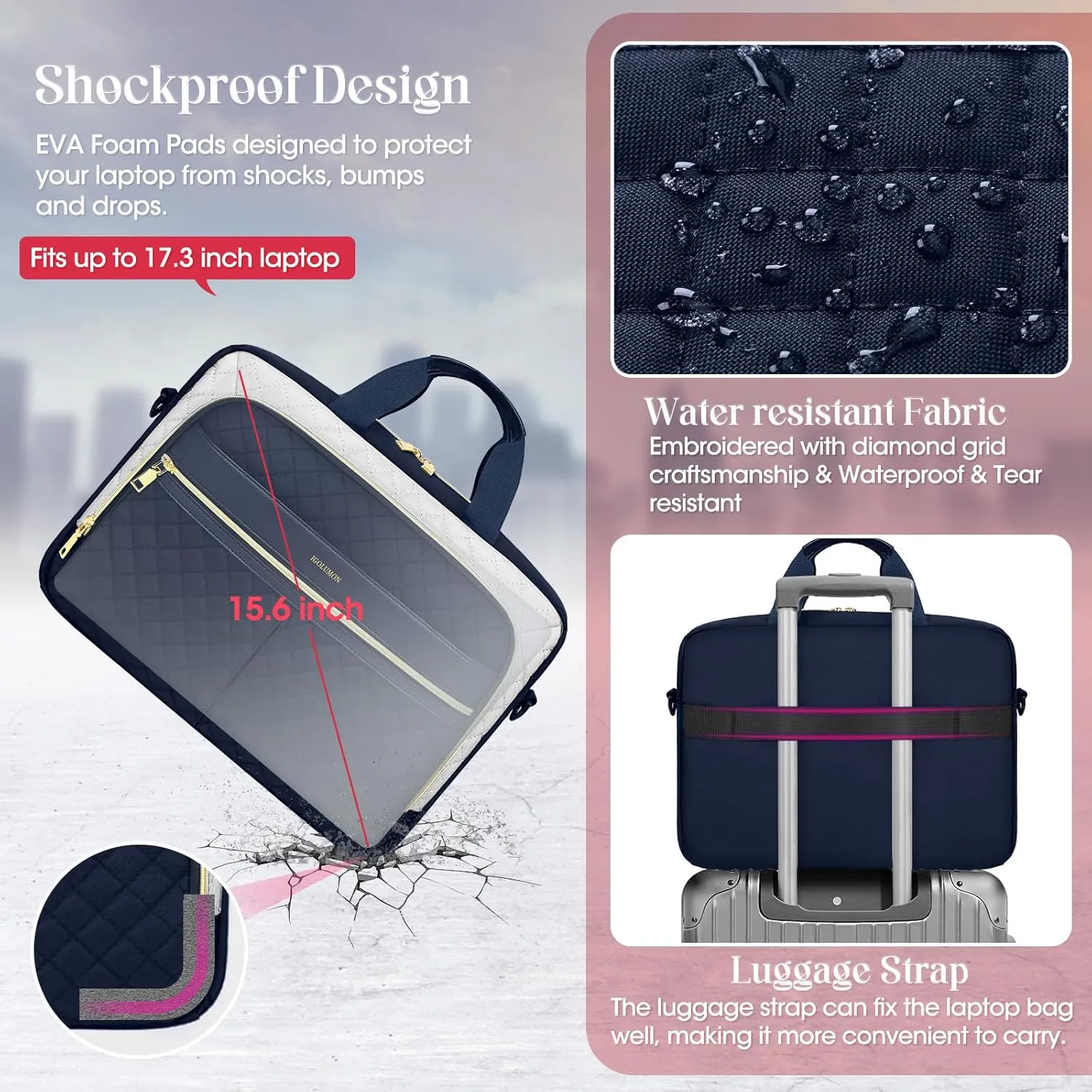 IGOLUMON Laptop Bag 15.6 Inch Laptop Briefcase for Women Men Waterproof Shoulder Computer Messenger Bag Large Laptop Bag Business Office Work Travel College, Purplish Blue and White
